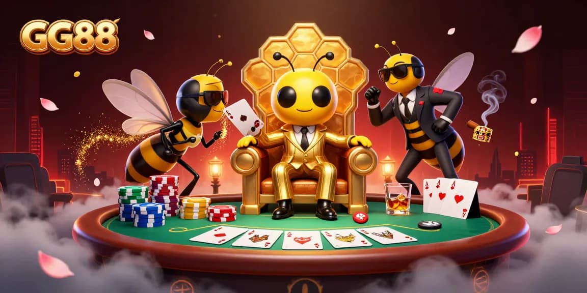 Experience excitement with GG88's 3D illustration featuring a lively casino scene filled with poker chips and cards.