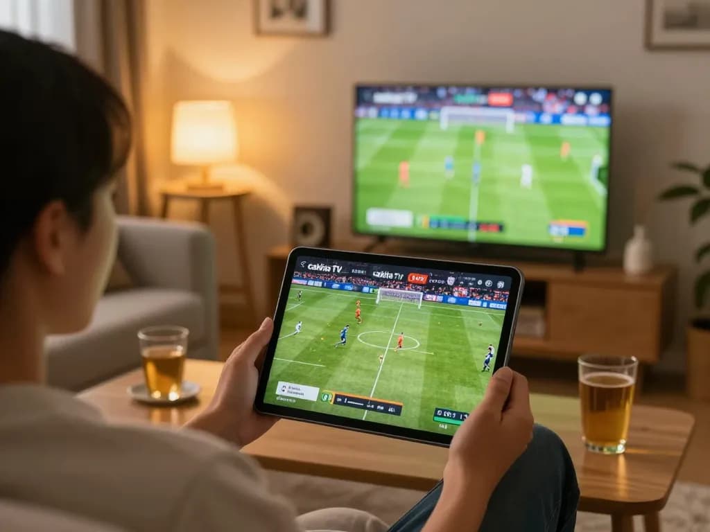Cakhia TV user enthusiastically enjoys live football match on tablet, demonstrating engaging online viewing.