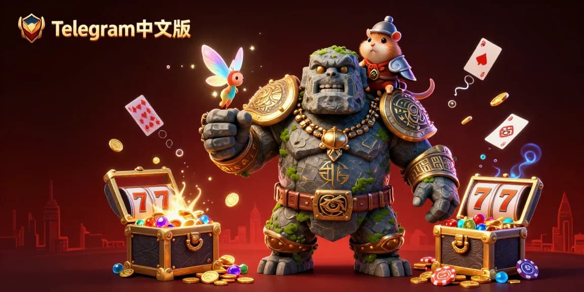在充满活力的3D赌场场景中与Telegram中文版互动，场景中有一个生动的魔像、仙女和仓鼠骑士。