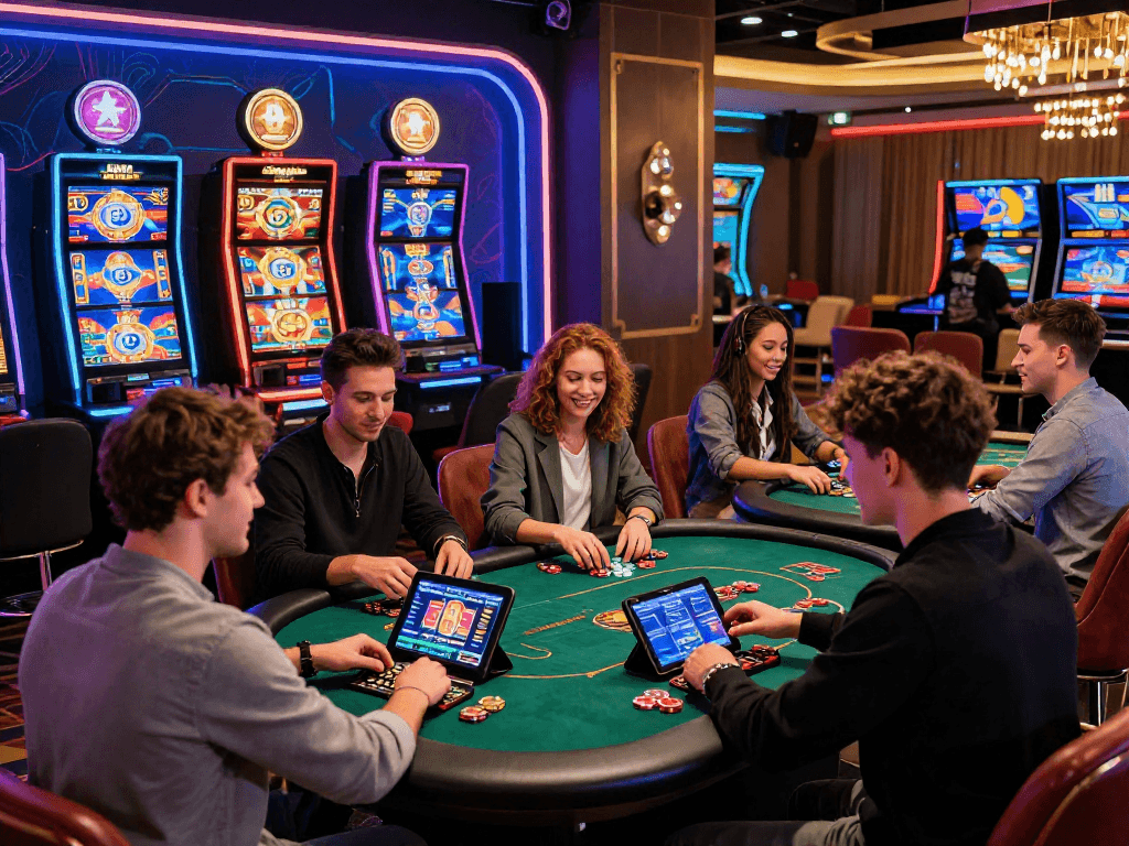 Exciting crypto casino scene with players at digital gaming stations engaged in thrilling gameplay.