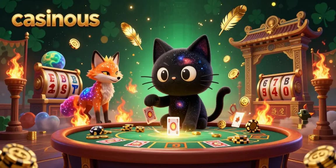 Experience the magic of casinous with a cosmic casino scene featuring a black hole cat and a nebula fox.