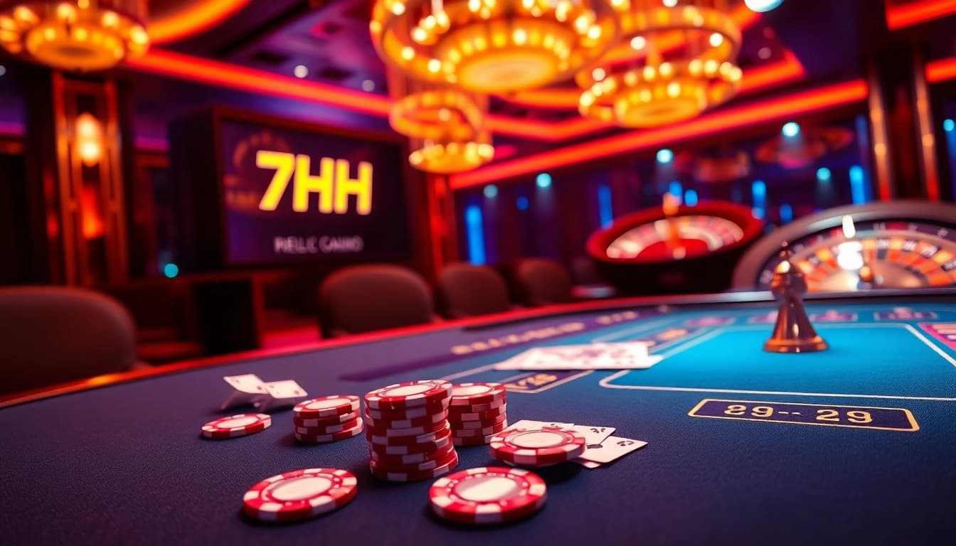7HH online casino scene with poker, roulette, and vibrant neon lights showcasing excitement.