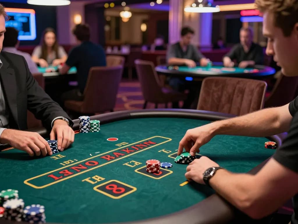 Players strategizing at 13win poker tables, showcasing intense gameplay and vibrant casino ambiance.
