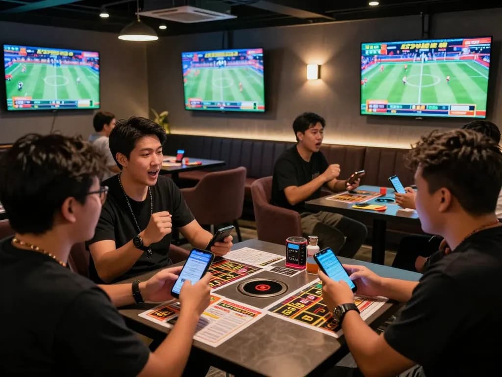 Enthusiastic bettors engaging in strategic wagers at Fly88 com's sports betting lounge
