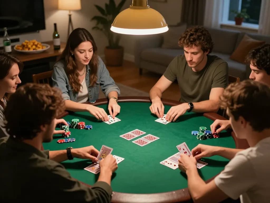 Enjoying a thrilling home poker night with friends at 789Win, showcasing an intense gaming atmosphere.