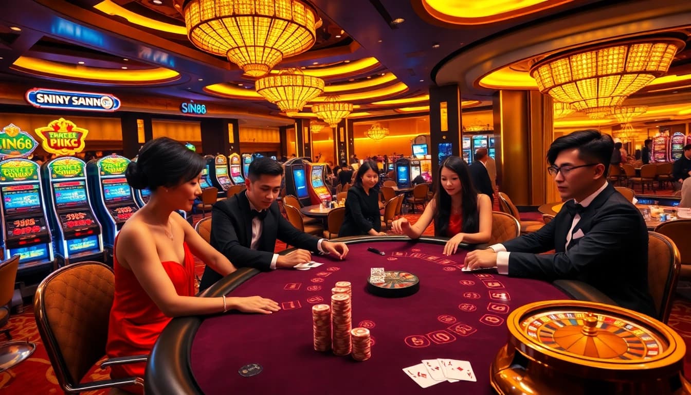 SIN88 high-stakes poker game with players, casino atmosphere, and exciting gambling elements.