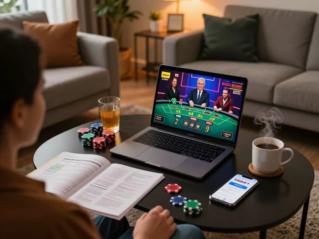 Engaging in online gaming with DEBET app on laptop while utilizing strategy notes during a lively session.