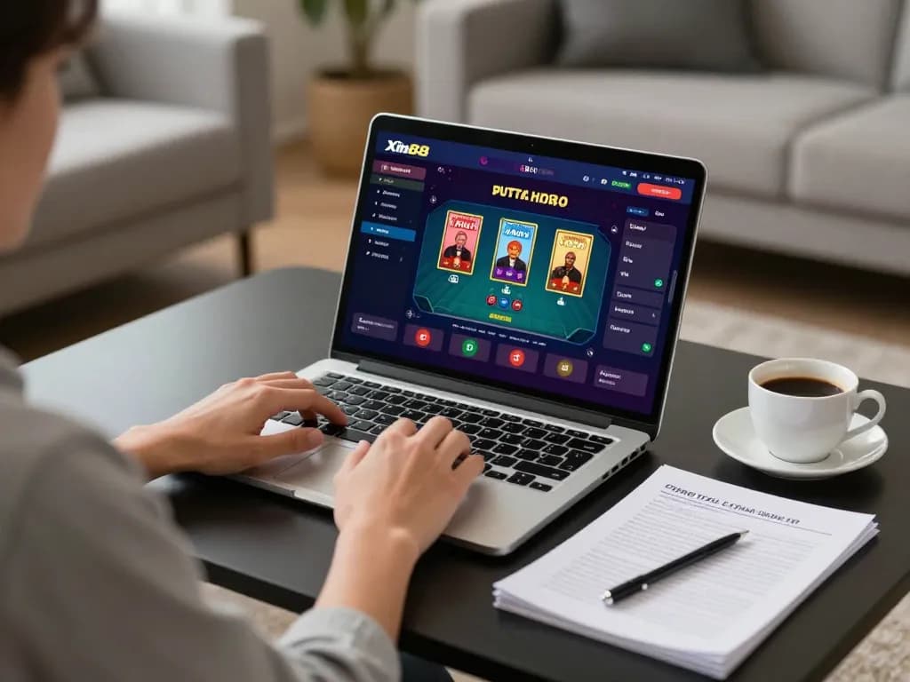 Player analyzing poker strategies on the Xin88 online platform in a cozy living room setting