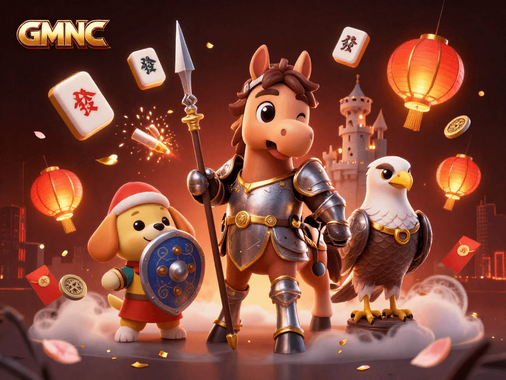Experience GMNC through an engaging 3D scene of a knight, puppy, and falcon in a vibrant casino setting.
