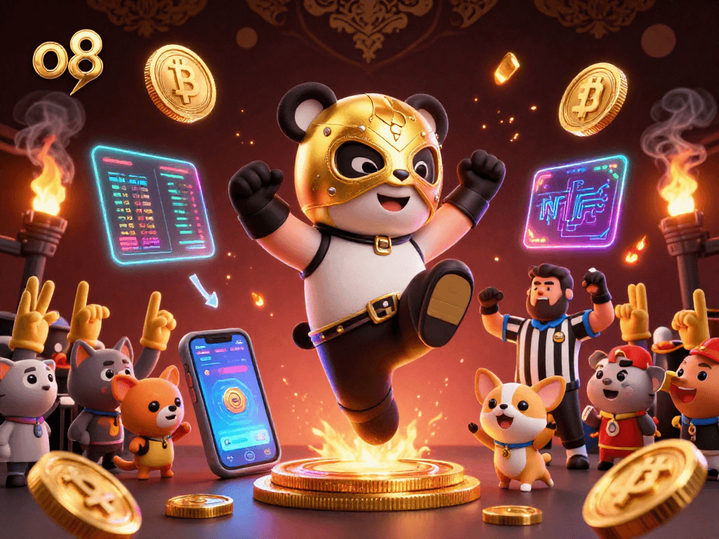 Experience fun with o8 through our vibrant gaming scene featuring a panda wrestler and tiny cheering animals.