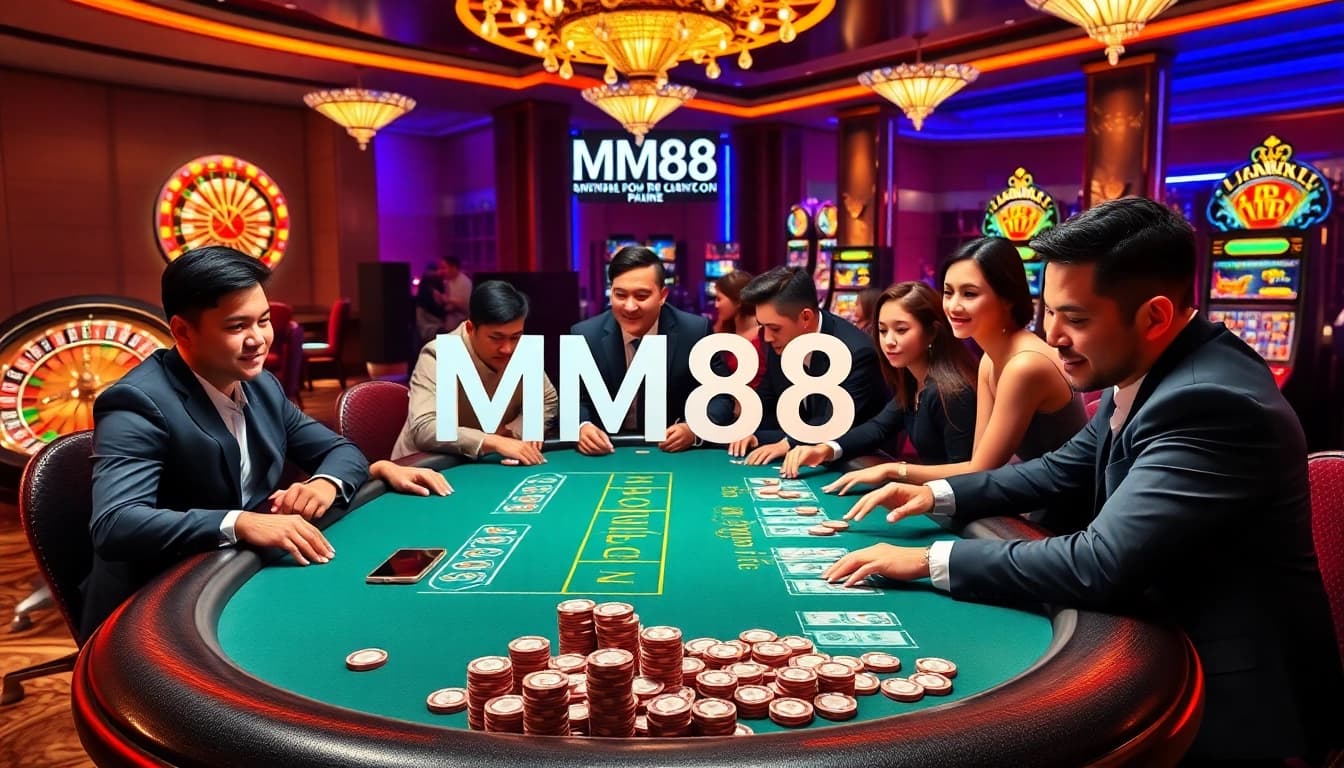 Players enjoying poker at an MM88 casino table with vibrant chips and roulette wheel in the background.