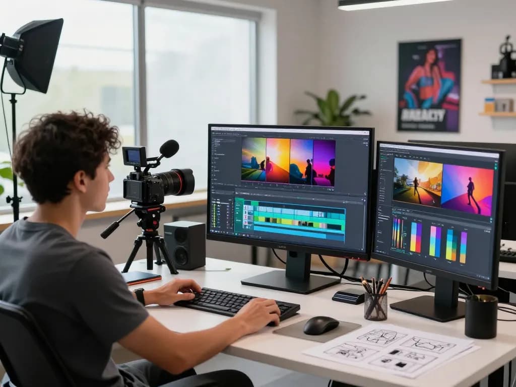 Creator using video to prompt tools in a modern studio, analyzing footage and editing clips for digital projects.