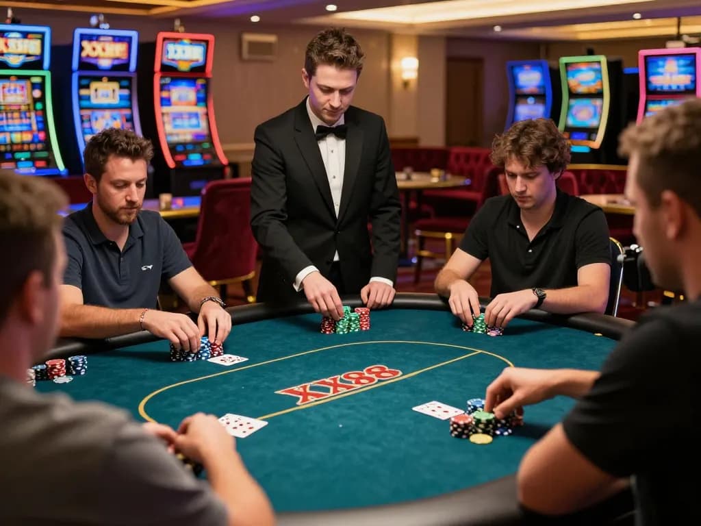 Players engaged in a thrilling poker game at XX88 casino, showcasing strategy and excitement