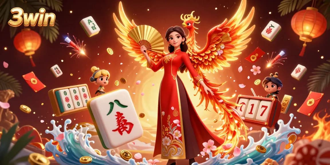 Experience the thrill of winning with 3win as a beautiful woman fans herself amidst slot reels and golden coins.