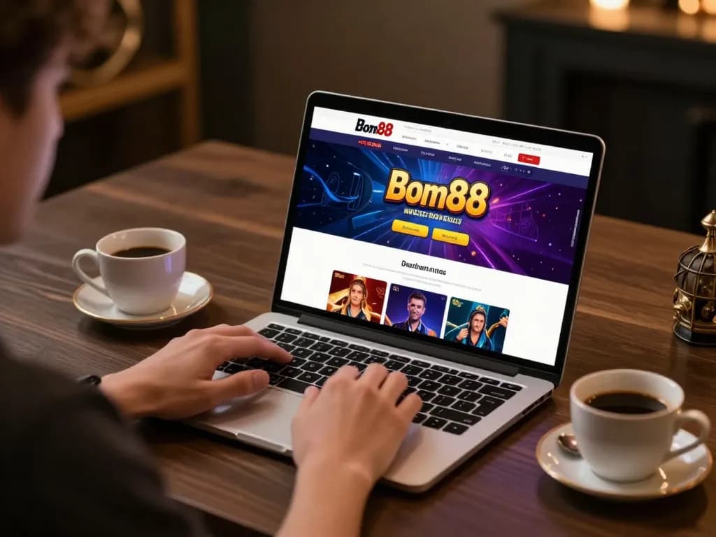 Engaging with Bom88 on a laptop in a cozy online gaming environment