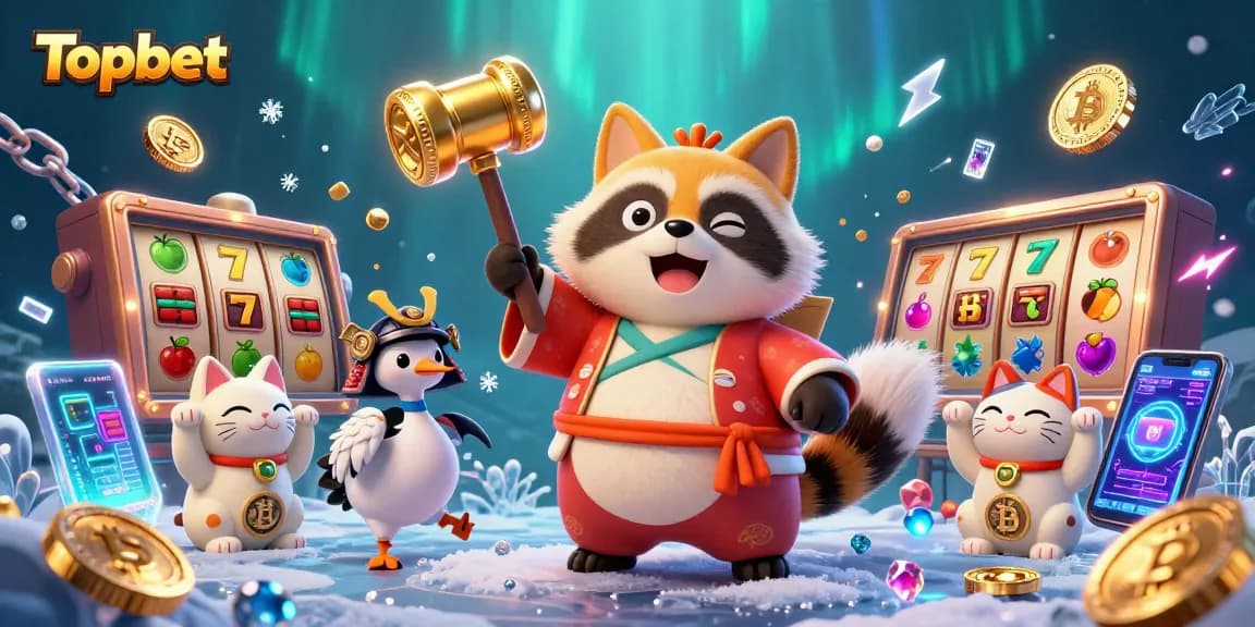 Play exciting games at Topbet with cheerful characters and vibrant lottery symbols.