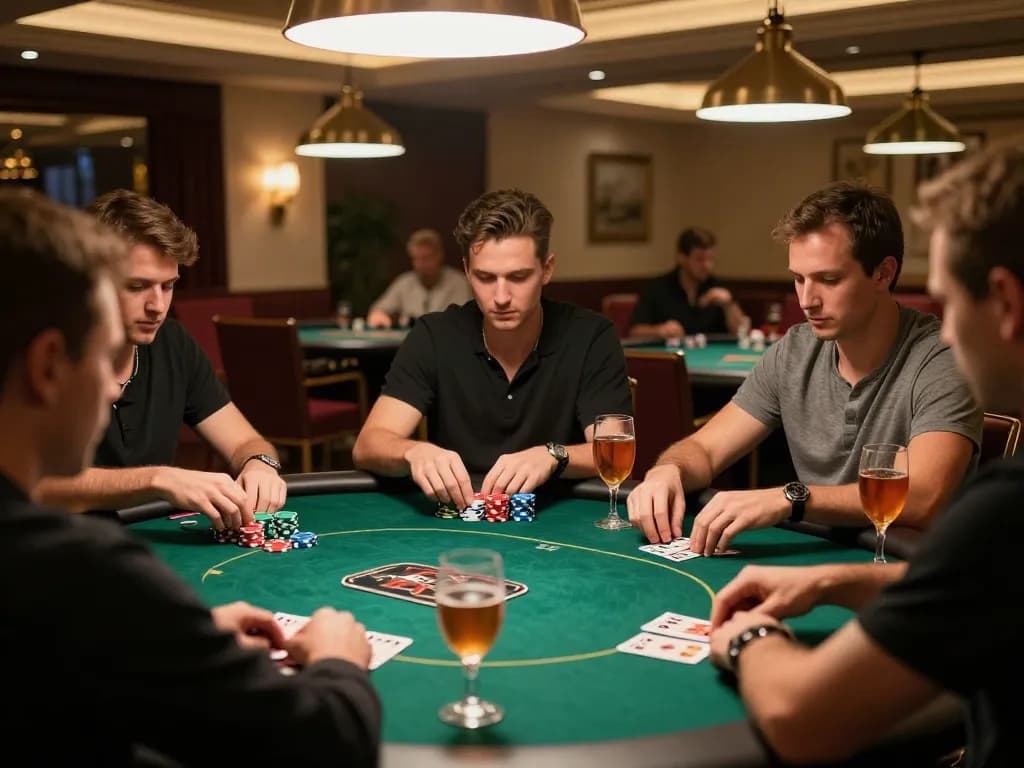 TT88 poker game in progress with players analyzing cards and chips stacked, highlighting strategic gameplay.