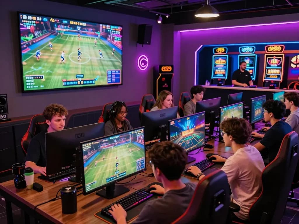 Engaging PG88 gaming lounge scene with players enjoying live esports and casino games, showcasing interactive entertainment.
