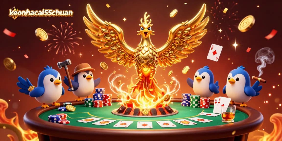 Engage with keonhacai55chuan through lively casino action and majestic golden phoenix in a dynamic gaming scene.