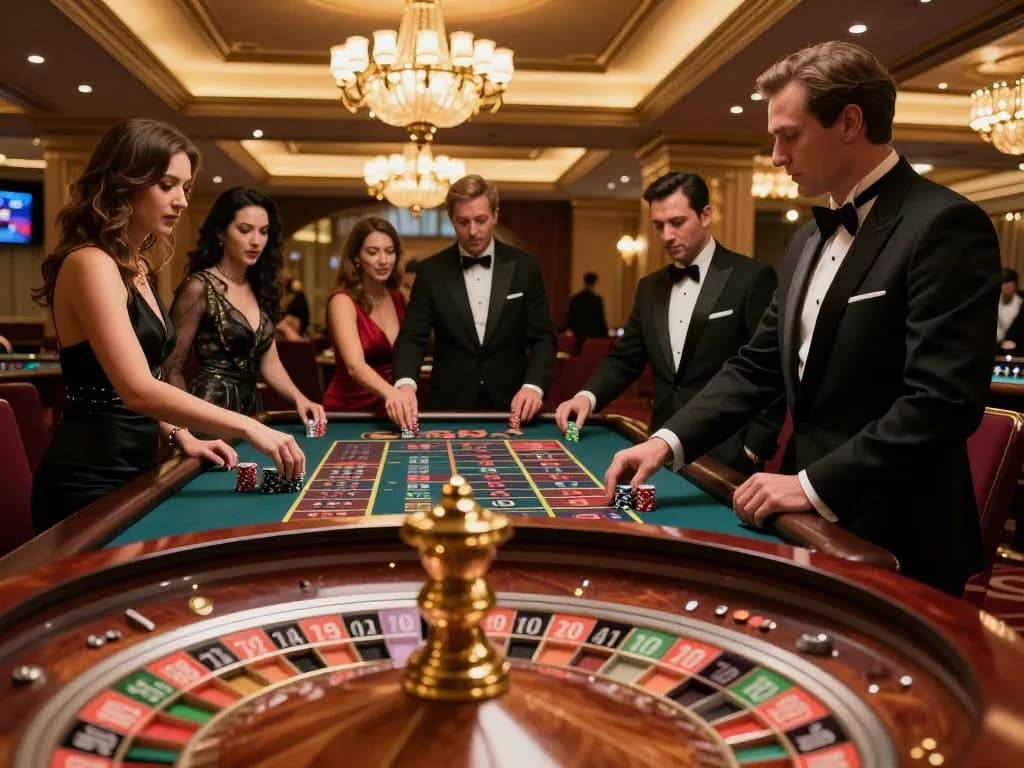 Players engaged in strategic roulette gameplay at HZ88 Casino, showcasing elegance and excitement.