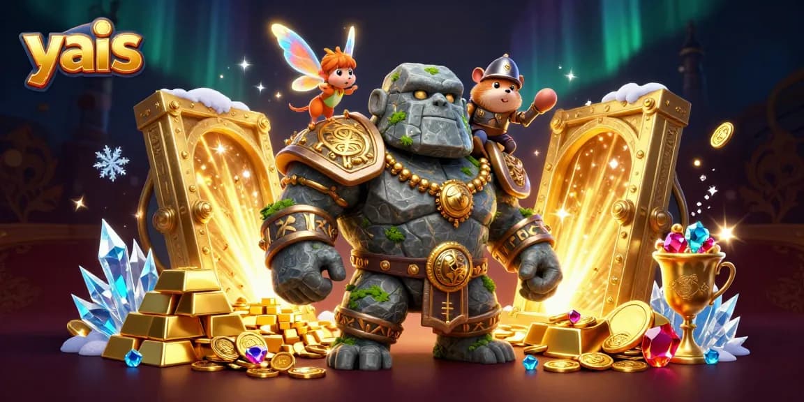 Engage with yais as you spin your fortune with a golem guardian and magical fairy in a treasure-filled scene.