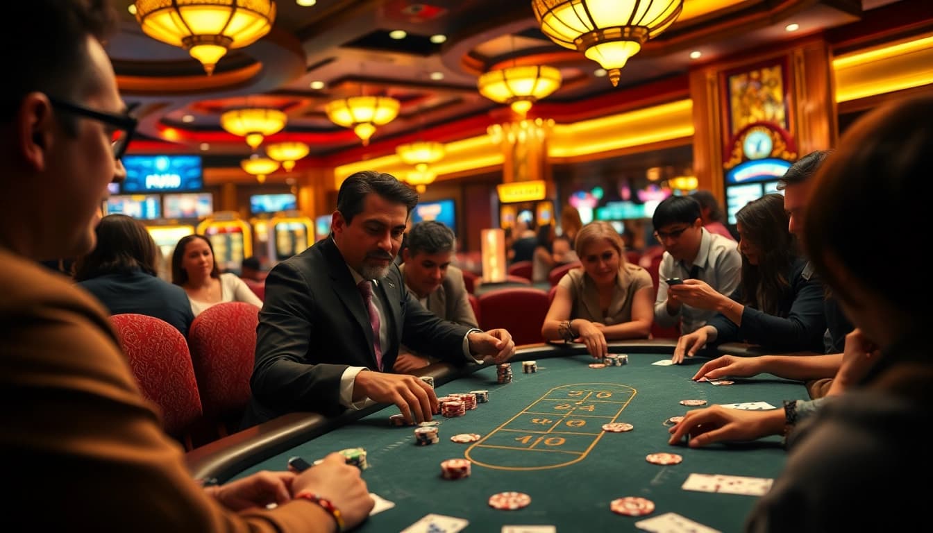 Experience the excitement as players crush on their poker strategies at an elegant casino table.