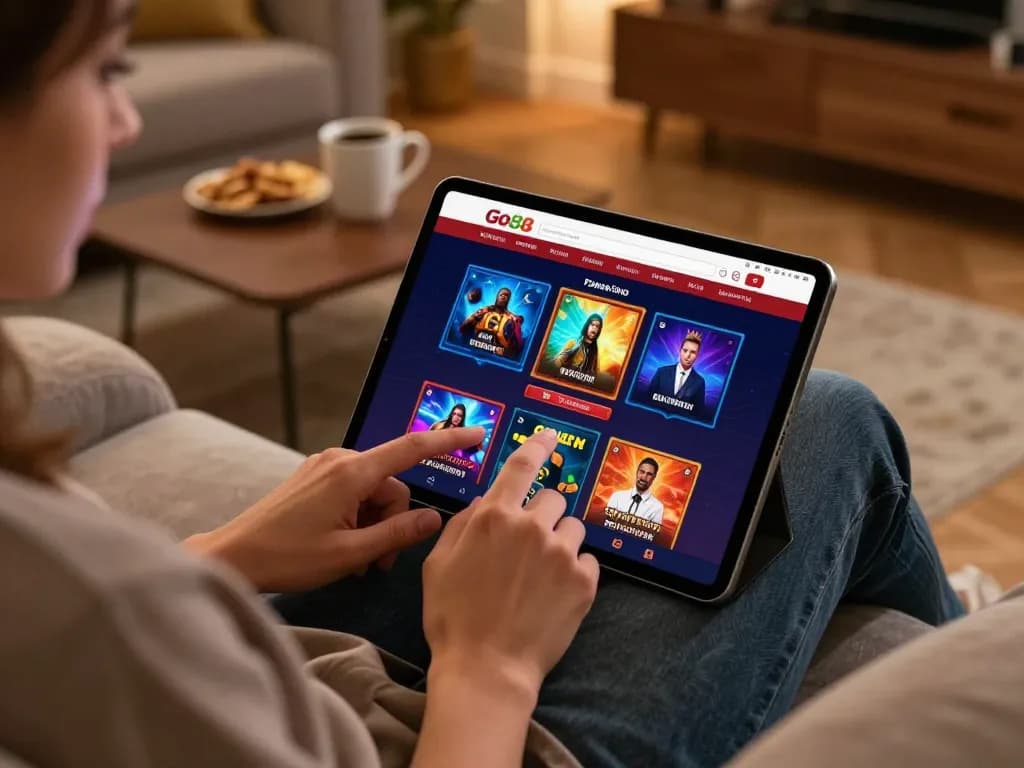 Engage with Go88 online casino gaming on a tablet in a cozy home setting while enjoying snacks.