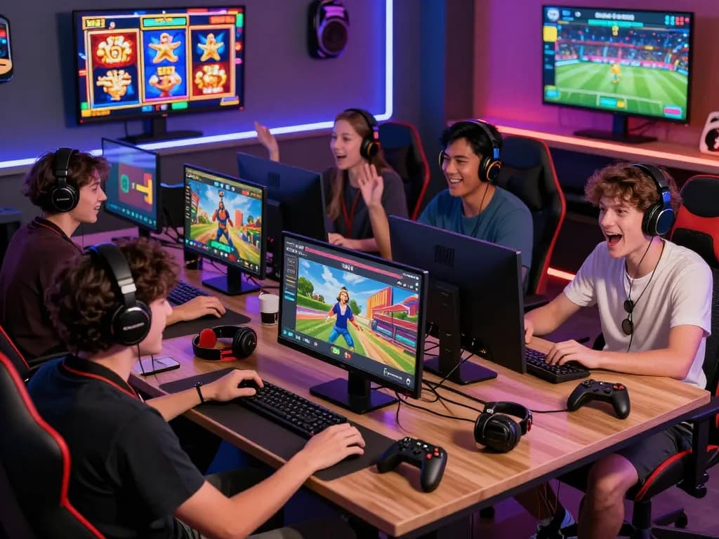 Engaged players enjoying Sonclub app in a vibrant gaming room, showcasing online gaming excitement.
