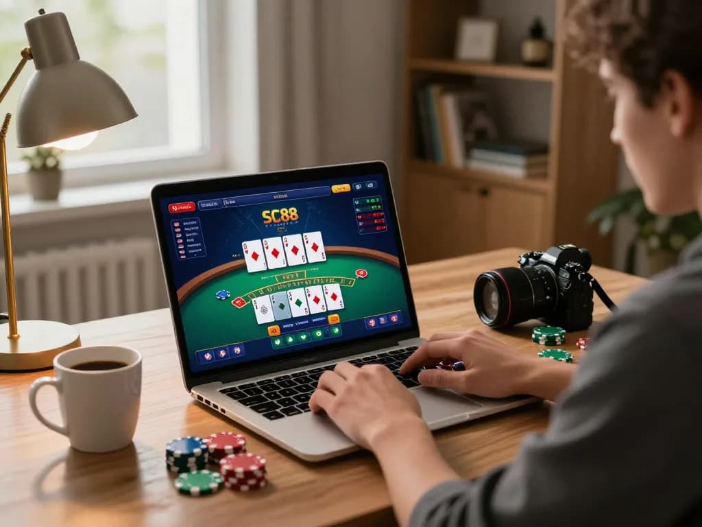 Player evaluating strategies for SC88 blackjack game on laptop at home desk with warm lighting.
