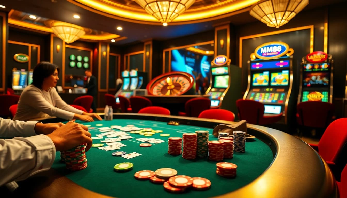 Experience the thrill of MM88 at a vibrant poker table with colorful chips and cards.
