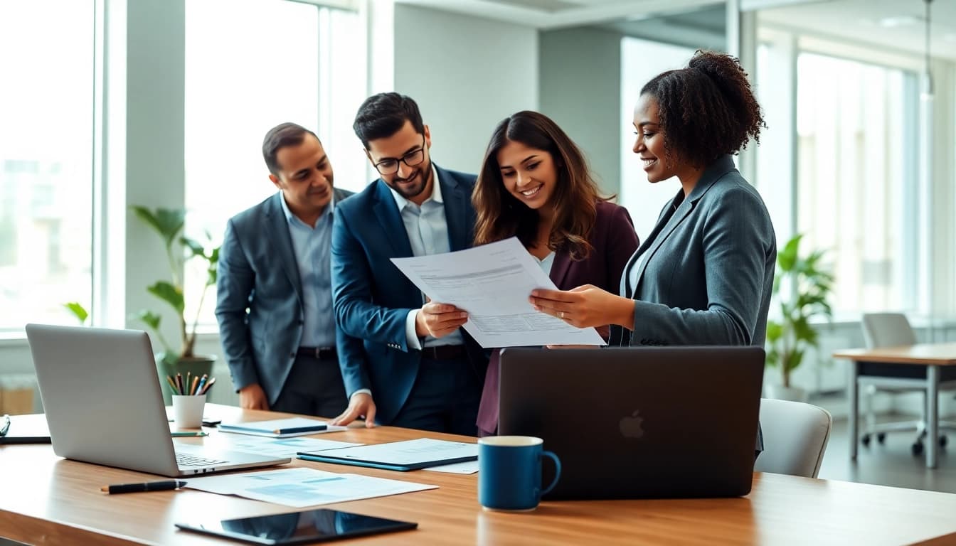 Performing background checks services with professionals reviewing reports in an office setting.