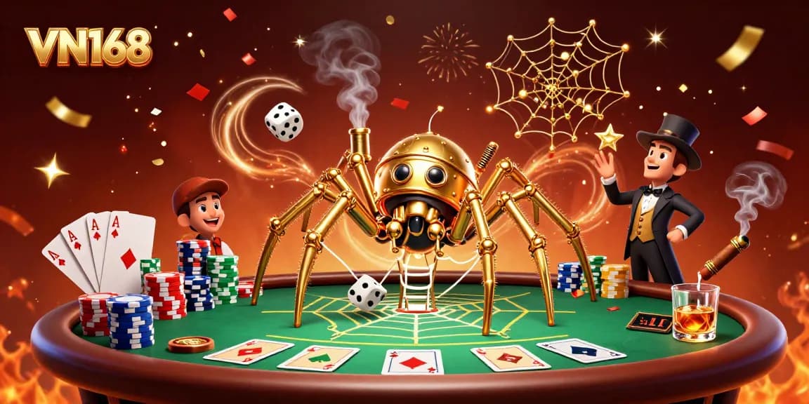 Experience thrilling action at VN168 with a golden spider catching dice in a vibrant casino setting.