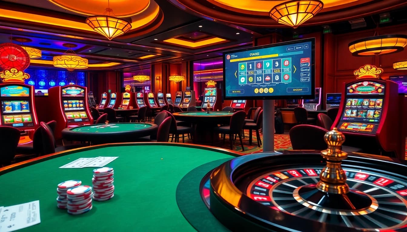 Players enjoying interactive games at https://nk88bet.org/, showcasing an engaging casino environment with vibrant elements.