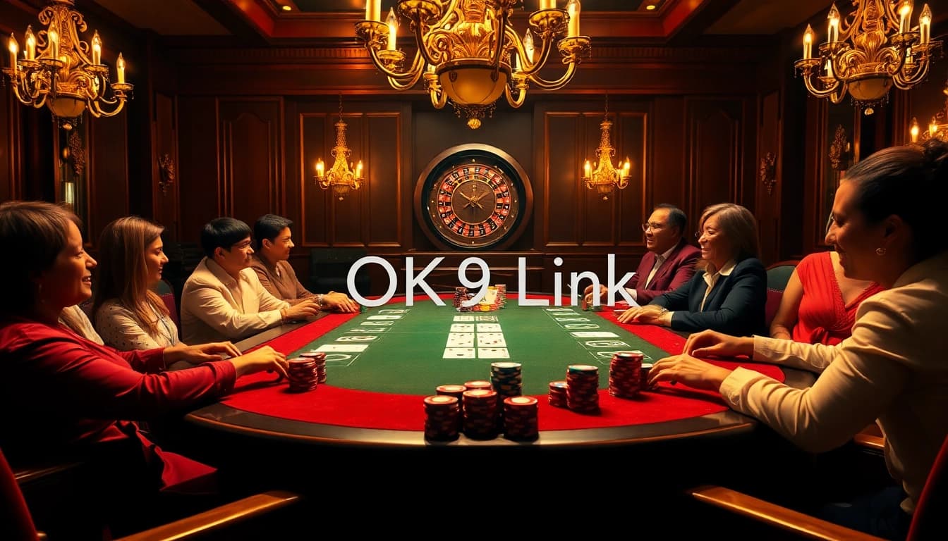 Experience a thrilling poker game at the OK9 Link casino, showcasing vibrant poker chips and an elegant atmosphere.