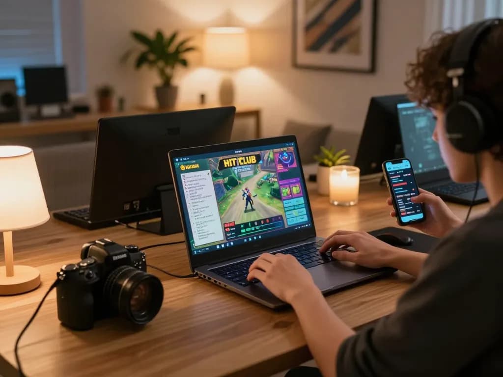 Engaging gameplay at HIT CLUB showcasing mobile gaming strategy with a laptop setup