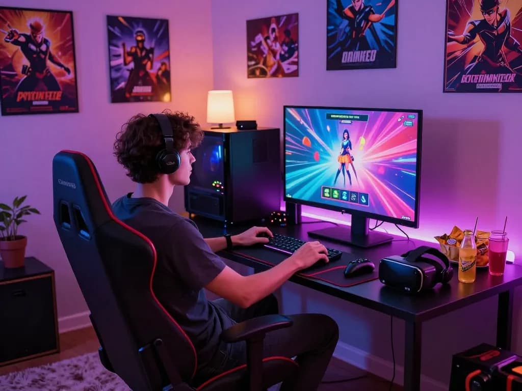 Engaging sex simulator gaming scene with a person playing a colorful interactive game on a large screen.