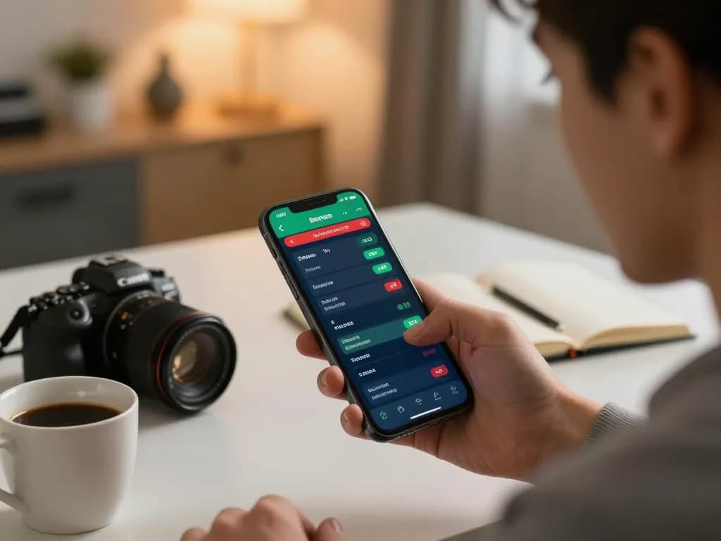 Engaging with J188 com betting app on smartphone in modern home office, illustrating dynamic sports betting.