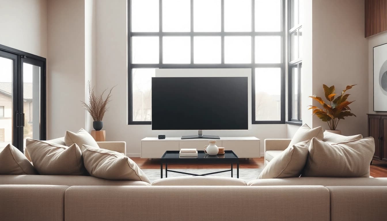 Showcase of an elegant living room with an iron TV as the focal point.