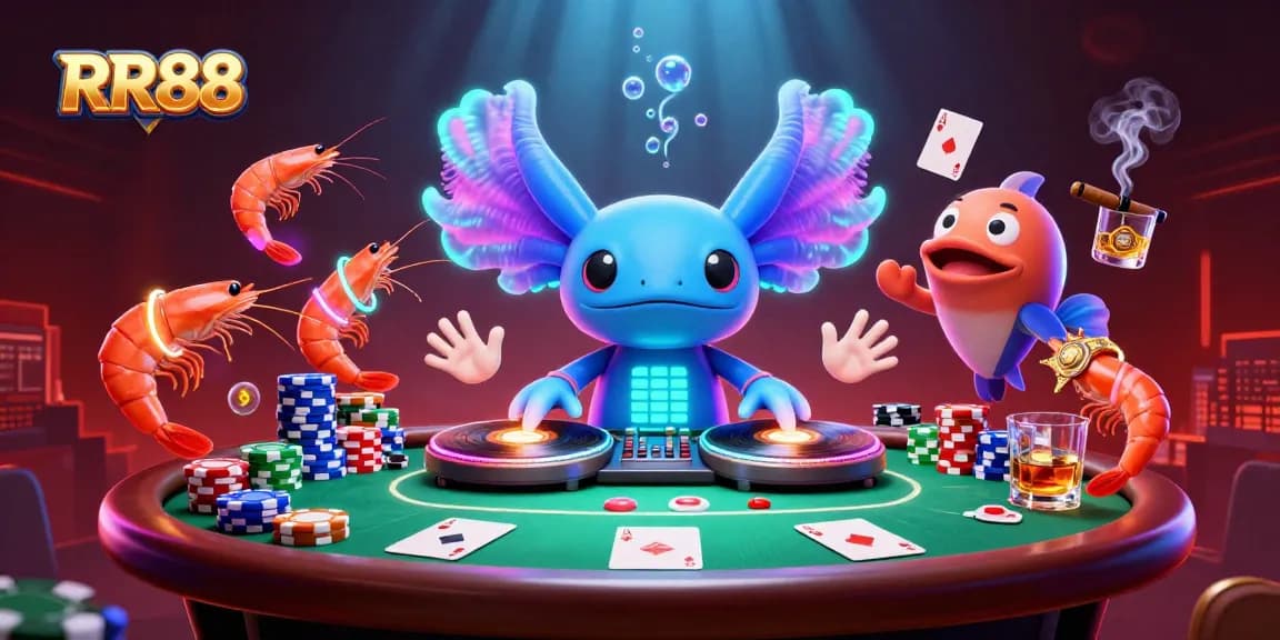 Engage in thrilling gameplay at RR88 with vibrant characters amid a high-stakes poker atmosphere.