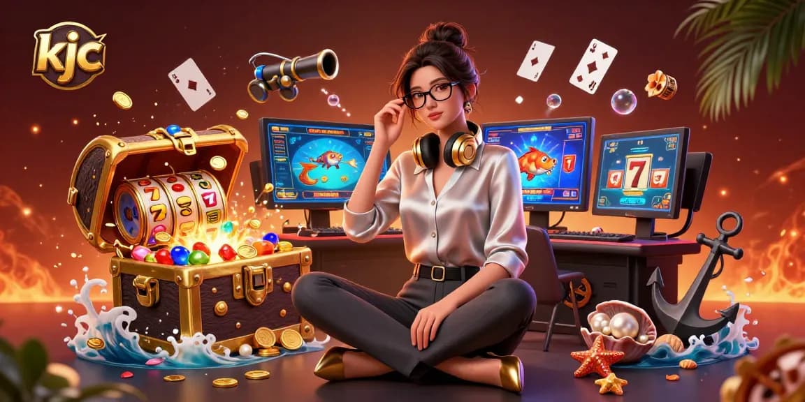 Engage in thrilling games with KJC, an elegant Asian woman at a high-tech gaming setup surrounded by casino elements.