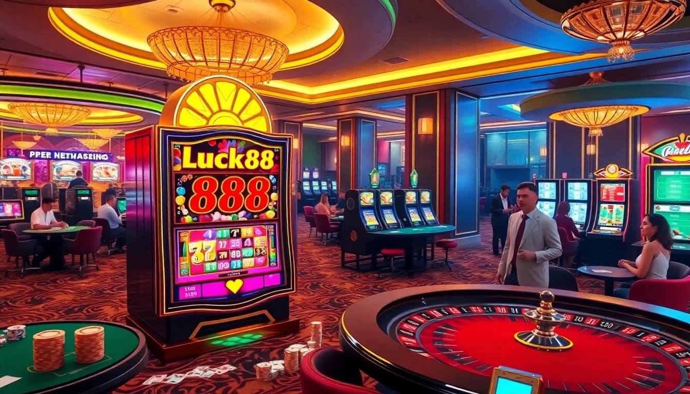 Players enjoying the thrilling Lucky88 slot machine in a vibrant casino environment.