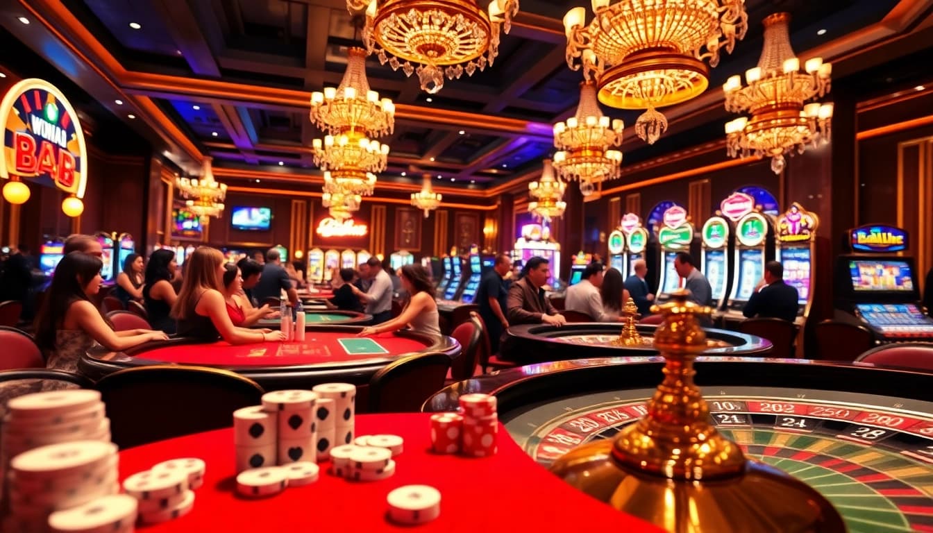 A vibrant casino scene showcasing Nhà cái uy tín through players at poker tables and illuminated slot machines.