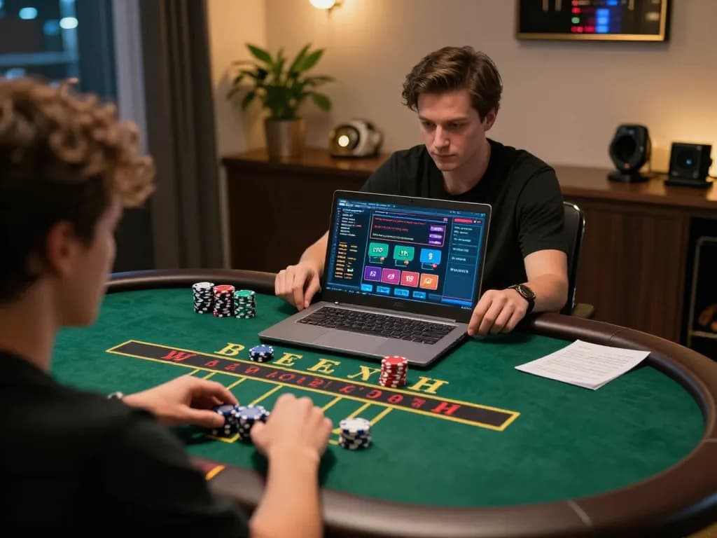 Player analyzing strategies on jun88 during live blackjack session from a cozy home setup.