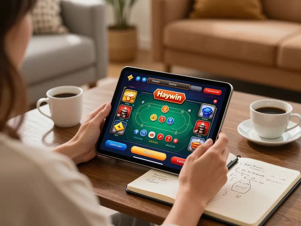 Playing poker on Haywin casino app with cozy home setting and strategic notes visible