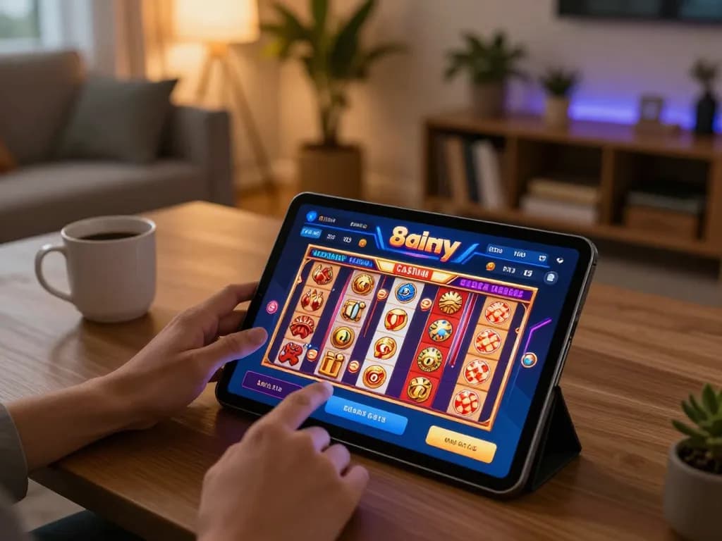 Player engaging with the 8day casino app on a tablet, showcasing vibrant gaming graphics in a cozy home setting.