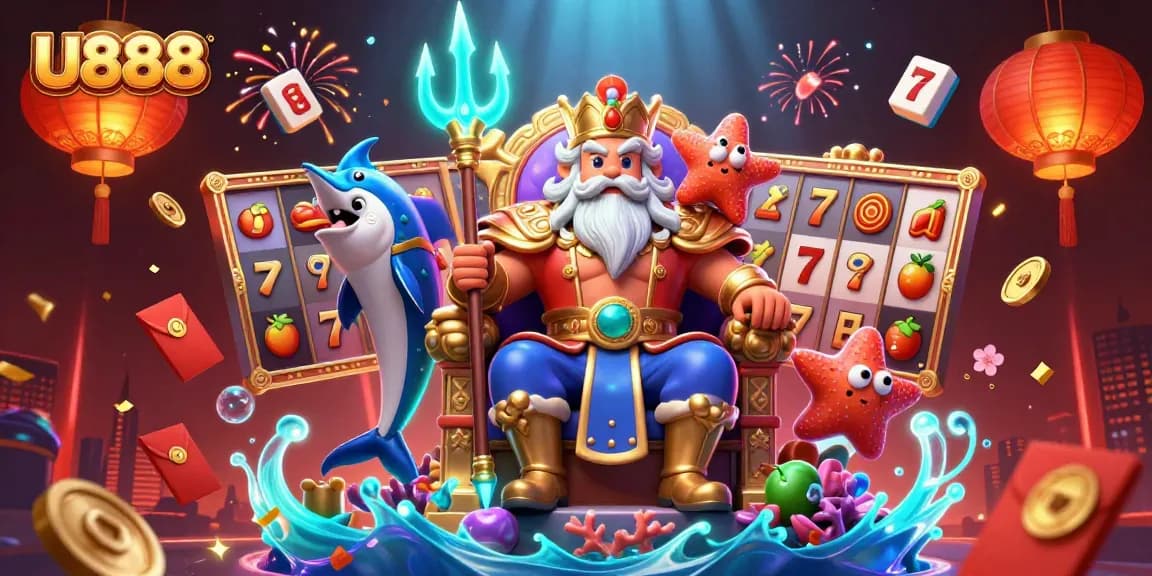 Experience the thrill of U888 with a vibrant underwater casino scene featuring Neptune and gaming elements.