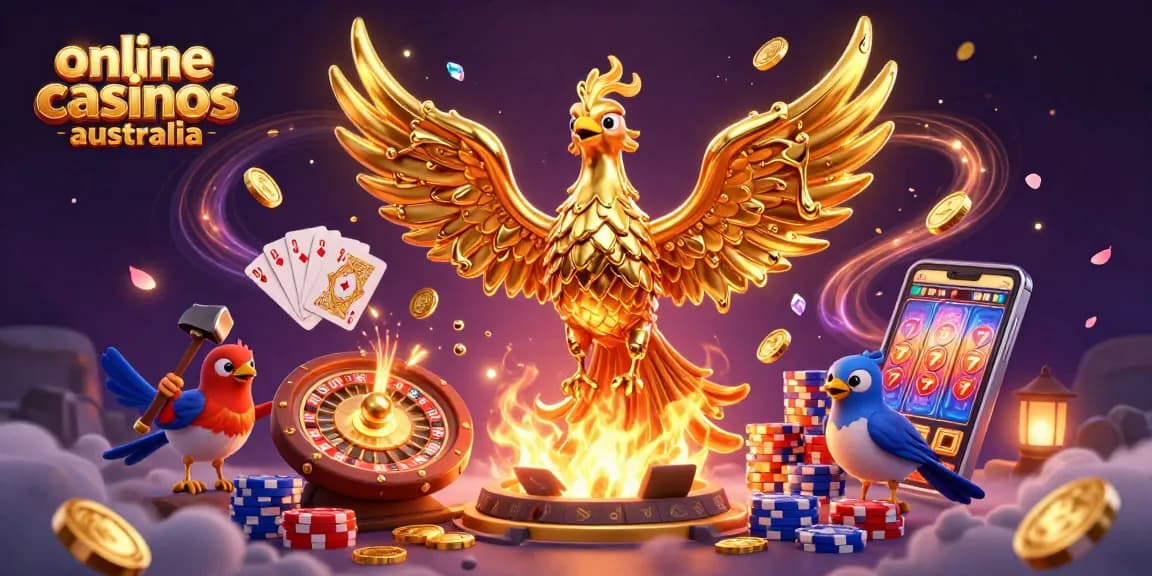 Online casinos Australia: Experience the exciting magic of a golden phoenix in a vibrant gambling scene.
