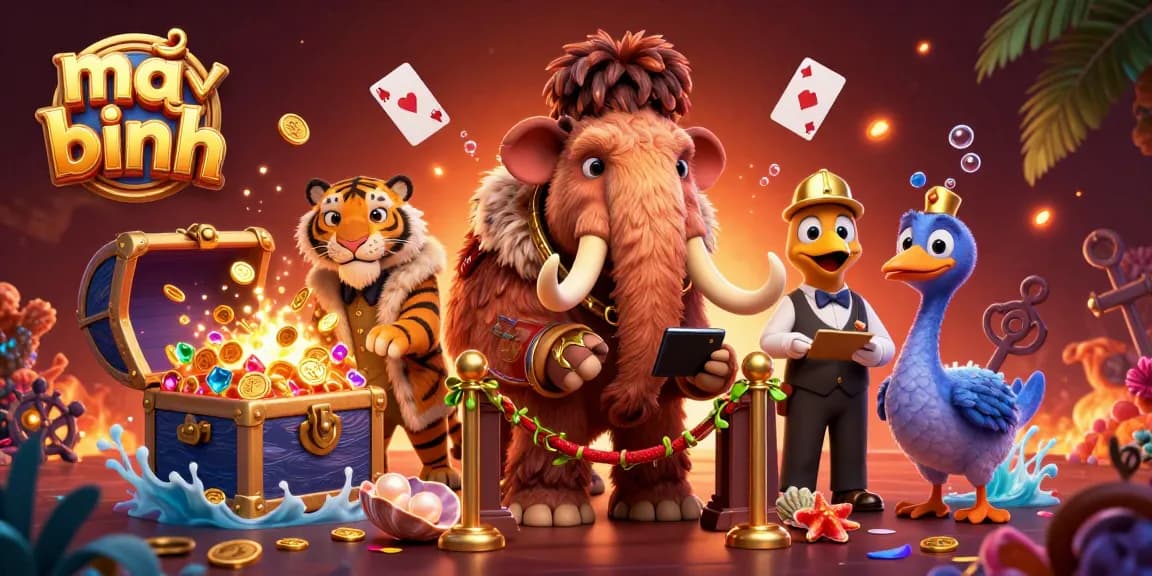Engage in mậu binh with expertly crafted characters, treasure elements, and vibrant casino imagery.