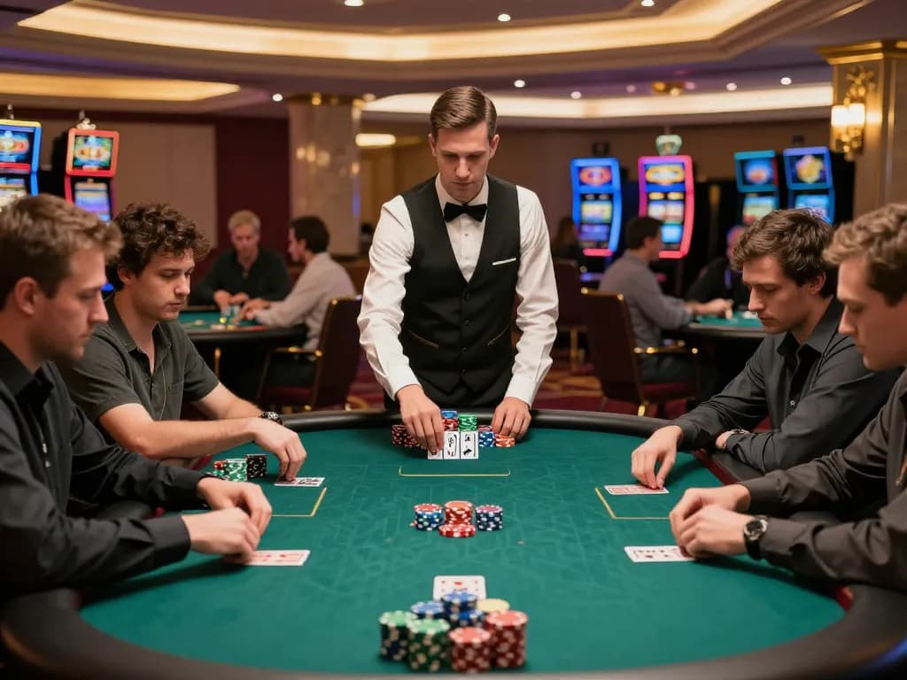 Players at SV66 engage in intense high-stakes poker game, showcasing strategy and excitement in a lively casino.