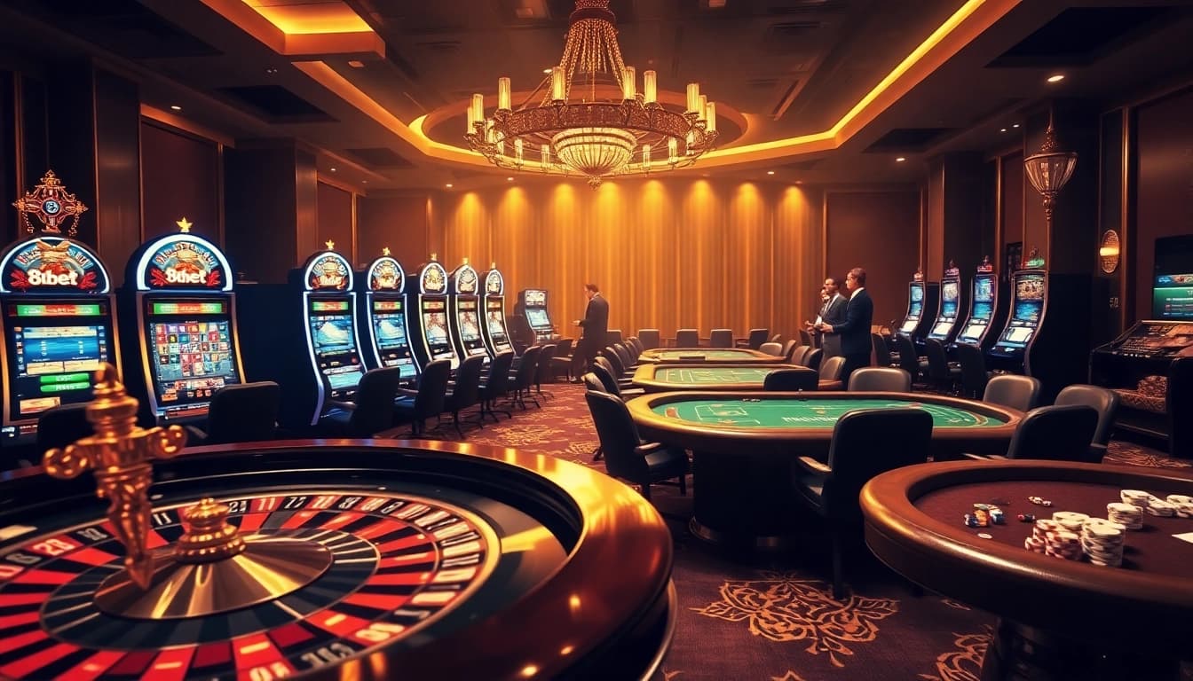 Experience thrilling gaming at 8kbet with vibrant casino tables and exciting slot machines.